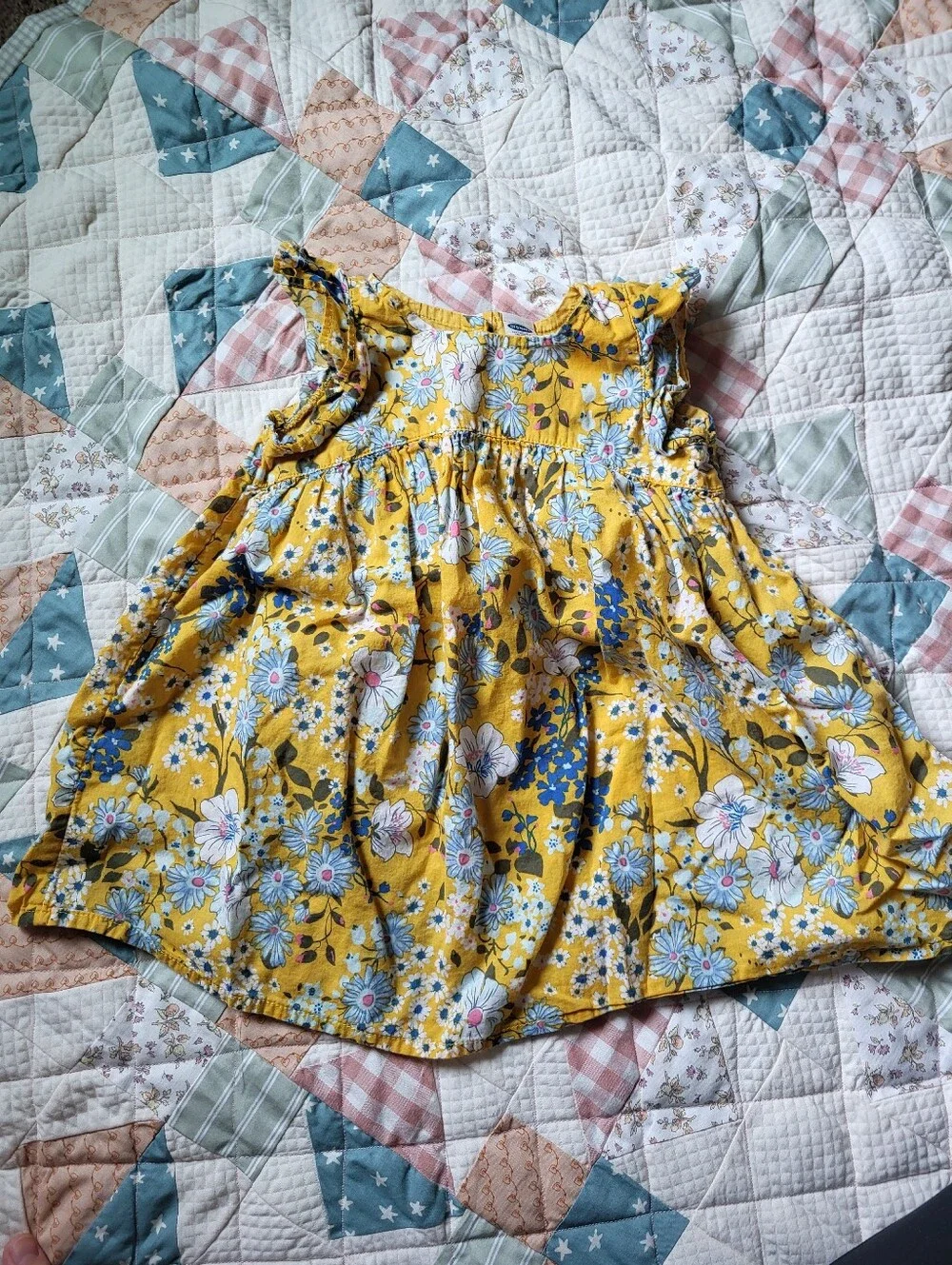 Old Navy Yellow Floral Smocked Dress with Blue & White Blooms